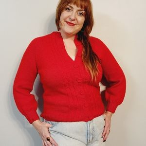 1960s Hand Knit Cherry Red Cableknit Cardigan Sweater